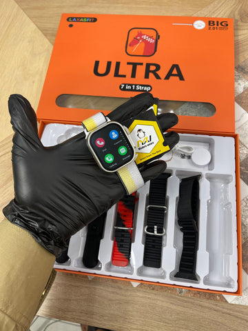 i20 Ultra Max Suit with Earphones 7 in1 set with earbuds - Ultra Smart Watch 7 In 1- i20 Ultra Smart Watches - Ultra 10 in 1- T900 ultra Smart Watches- Ultra 7 in 1- With Wireless Charging Capacity - Ultra 7 in 1 - i20 ultra watch with Golden strap .